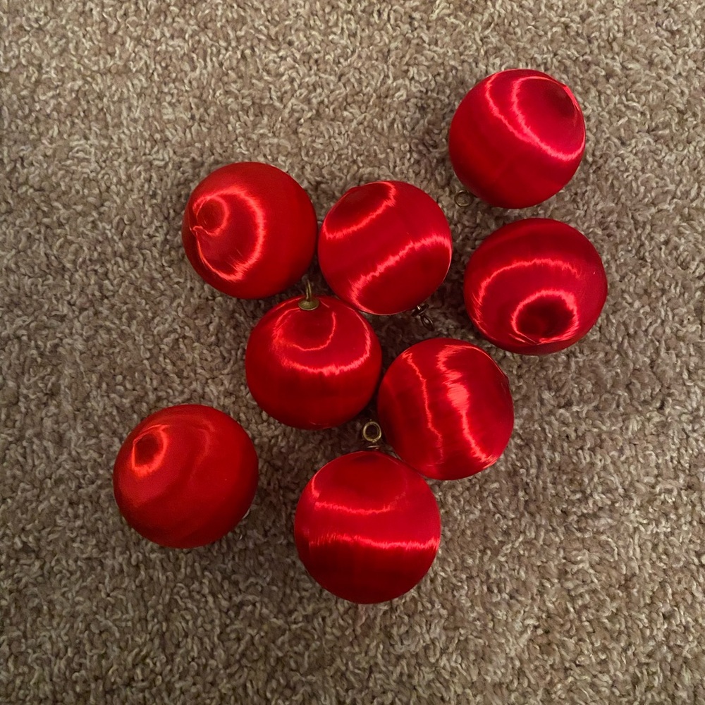 Set of 8 Satin Red Christmas Ornaments. Vintage.